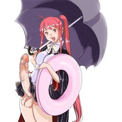 1futa balls breasts cape cleavage erection fangs full-package_futanari futa_only futanari futanari_vampire hair huge_cock intersex long_hair monster_girl no_panties open_mouth parasol penis penis_under_skirt precum red_hair rubber_ring skirt smile solo solo_futa testicles umbrella vampire very_long_hair yozora