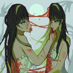 bisected black_hair blood blood_on_arm blood_on_clothes blood_on_face brain colored_inner_hair exposed_brain facing_viewer female guro hairband hand_on_own_chin highres multicolored_hair solo stitches sun tendril tongue tongue_out upper_body uzume_(uzm0) white_eyes