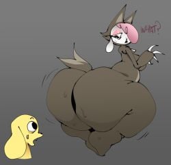 2025 anthro ass big_butt black_eyes black_nose bodily_fluids bovid breasts canid canine canis caprine chikn_nuggit chikn_nuggit_(chikn_nuggit) claws clothing cofi_(chikn_nuggit) costume digital_media_(artwork) domestic_dog duo english_text fake_claws fangs female fur grey_background hair huge_butt hyper hyper_butt looking_at_another looking_back male male/female mammal nitarustarium pink_hair pink_nose question question_mark rear_view sharp_teeth sheep simple_background standing surprise surprised_expression sweat teeth text thick_thighs three-quarter_view white_body white_ears white_fur white_wool wolf_costume wool_(fur) yellow_body yellow_ears yellow_fur zipper