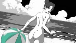 1girls ass beach beach_ball blush breasts brown_eyes brown_hair completely_nude completely_nude_female female from_behind kunoichi looking_at_viewer monochrome naruto naruto_(series) naruto_shippuden ninja nude nude_female nude_filter open_mouth outdoors petite presenting presenting_ass presenting_hindquarters pussy rear_view running s10collage shiny shiny_skin sideboob skindentation smile spot_color teenager tenten third-party_edit viewed_from_behind watermark