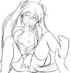 1girls breasts female hatsune_miku kit_(studio) line_art long_hair masturbation monochrome solo tied_hair twintails very_long_hair vocaloid wince