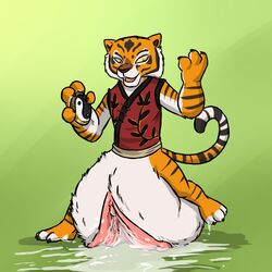 aggrobadger anthro clitoris feline female fur furry gaping_pussy hyper_pussy kung_fu_panda master_tigress pussy pussy_juice solo tiger wet what