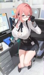 absurdres adjusting_eyewear bare_legs black-framed_eyewear black_bra black_gloves black_ribbon black_shoes black_skirt blurry blurry_background bra bra_visible_through_clothes breasts button_gap center_opening chair closed_mouth collared_shirt commentary computer_keyboard cup disposable_coffee_cup disposable_cup earpiece female food glasses gloves hair_between_eyes hand_on_eyewear high-waist_skirt highres huge_breasts id_card indoors legs light_blush lillly long_hair looking_at_viewer neck_ribbon office office_chair pink_eyes pink_hair ribbon semi-rimless_eyewear shirt shoes sidelocks sitting skirt smile solo sticky_note swivel_chair thighs tsukishiro_yanagi underbust underwear white_shirt zenless_zone_zero