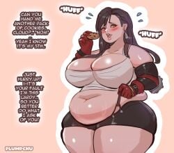 1girls ass big_ass big_belly big_breasts black_hair breasts cookie eating eating_cookie eating_food embarrassed fat_belly fat_female fat_rolls fat_thighs female female_only final_fantasy final_fantasy_vii gloves holding holding_cookie holding_food holding_object light_skin midriff muffin_top overweight_female plumpchu red_eyes shorts solo spats suspenders tank_top thick_thighs tifa_lockhart weight_gain