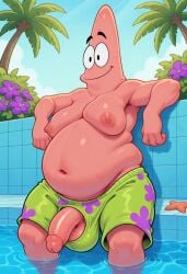 1boy ai_generated anthro armpit balls belly big_belly blue_sky chubby chubby_male clothing clouds echinoderm erection fat fat_belly fat_male flowers genitals green_shorts humanoid_genitalia humanoid_penis large_belly male male_nipples male_only marine mature mature_anthro mature_male moobs nickelodeon nipples obese obese_anthro obese_male outdoors overweight overweight_anthro overweight_male patrick_star penis penis_out pink_body pool shorts sitting smiling spongebob_squarepants starfish testicles trees water