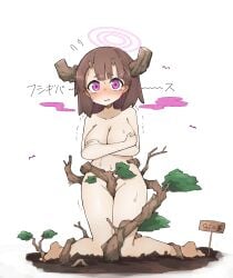 blush breasts colored covering_breasts crossed_arms duel_masters embarrassed female game_mechanics gigandydanos,_big_tree_king japanese_text kneeling knees_together_feet_apart open_mouth sign text tree vines worried