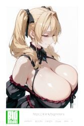 ai_generated ani_(twitter) big_breasts bigmelons blue_eyes breasts breasts_out dress female female_only lifting_skirt long_hair solo solo_female twitter yellow_hair