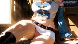 ai_generated arm_tattoo asymmetrical_sleeves bare_shoulders belt blonde_hair blue_sleeves boots breast_tattoo breasts brown_belt cleavage cleft_of_venus crop_top cum detached_sleeves fairy_tail female frilled_sleeves gym_storeroom head_out_of_frame heart_tattoo indoors knee_up large_breasts long_hair lucy_heartfilia meitabuu microskirt midriff miniskirt navel panties pink_panties pubic_tattoo pussy pussy_juice shoulder_tattoo sitting skirt solo stomach sunlight sweat tattoo thighs underwear upskirt vaulting_horse white_skirt window
