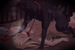 ahe_gao blonde_hair blood blue_eyes blush bondage breasts canine collar cum cum_in_pussy cum_inside grin hair human_bitch kuruta large_breasts maid nude pubic_hair pussy scratch slave spread_legs sweat tear zoophilia