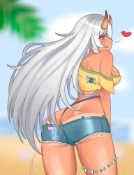 akumi ass bare_shoulders blush breasts day female from_behind heart long_hair looking_back outdoors shorts solo vyugen yellow_eyes