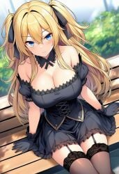 ai_generated ani_(twitter) big_breasts blue_eyes breast_grab breast_squeeze breasts breasts_out dress female female_only lifting_skirt long_hair nude nude_female solo solo_female twitter yellow_hair