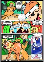 abs activision ami_bandicoot anal anthro ass bandicoot belt blonde_hair blush blush_lines bodily_fluids bottomwear clothed clothed_anthro clothed_female clothing coco_bandicoot comic covering_up crash_(series) crying dialogue dripping dumbbell embarrassed english_text exercise eyelashes eyewear fangs female female/female floating_hearts foreplay fully_clothed fully_clothed_anthro fully_clothed_female genital_fluids genitals goggles green_eyelids green_eyes green_hair group hair hi_res kaokaoarts mammal marsupial masturbation muscular muscular_anthro muscular_arms muscular_female muscular_thighs nina_cortex nipples nude nude_anthro nude_female oddkao open_belt oral precum precum_drip pubes rimming sex skirt speech_bubble tears teeth text trio voyeur vulva weights workout yelling yelling_at_another