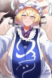 1girls big_breasts blonde_hair blue_tabard breast_suppress breasts daichia dress female fox_girl fox_tail half-closed_eyes hat highres huge_breasts kitsune large_breasts looking_at_viewer mob_cap multi_tail ran_yakumo short_hair smile smug solo tabard tail touhou white_dress yakumo_ran
