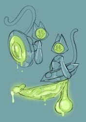 alien ambiguous_gender anthro ass balls big_balls big_penis blush blush_stickers bodily_fluids felid feline felis female genital_fluids genitals grey_body hi_res huge_balls huge_cock hyper hyper_balls hyper_genitalia hyper_penis looking_at_viewer machine mammal metallic_body nylonhellhole open_mouth penis precum presenting presenting_hindquarters pussy robot screen screen_face simple_background slime smile solo tail ufo vehicle vulva