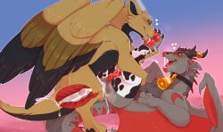 2_horns absurd_res amypast_(artist) anal anal_sex animal_print anthro anus ass blush bodily_fluids claws clothing collar cow_print cow_stockings cowbell cowbell_collar cum cum_in_ass cum_inside digital_drawing_(artwork) digital_media_(artwork) dragon dragon_wings duo erection feathered_wings feathers feet feral feral_on_feral feral_penetrated feral_penetrating foot_fetish foot_lick foot_play fur furred_dragon furred_scalie genital_fluids genitals gradient_background heart_symbol hi_res hindpaw horn internal legwear licking male male/male male_penetrated male_penetrating membrane_(anatomy) mythological_creature mythological_scalie mythology narrowed_eyes open_mouth pattern_clothing pawpads paws penetration penile penile_penetration penis scalie sex simple_background smile thick_thighs thigh_highs toe_claws toes tongue wings zephamas