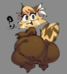 2024 ailurid anthro ass big_butt black_eyes blush brown_body brown_ears brown_fur brown_tail chikn_nuggit digital_media_(artwork) eyelashes female fur grey_background hair looking_at_viewer looking_back mammal multicolored_body multicolored_fur nitarustarium obese obese_anthro obese_female orange_body orange_fur orange_hair orange_tail overweight overweight_anthro overweight_female question_mark rear_view red_panda sassparilla_(chikn_nuggit) simple_background smile solo standing tail thick_thighs three-quarter_view tongue two_tone_tail white_body white_fur