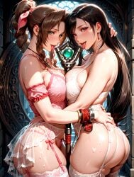 (iblendthings) aerith_gainsborough ai_generated ass_grab big_ass big_breasts breasts female final_fantasy_vii garter_belt garter_straps lace_trim licking lingerie seductive symmetrical_docking teasing teasing_viewer tifa_lockhart yuri