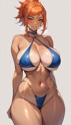 ai_generated bikini choker funny_ai large_breasts orange_hair pussy_wedgie short_hair simple_background slim_waist smug standing thick_thighs wet_body white_background
