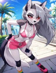 1girls 2025 ai_generated anthro belly bikini_top bikini_under_shorts blush breasts city city_background demon demon_girl deviantart ears elryusam female fingerless_gloves furry goth_girl grey_body grey_fur grey_hair hellhound helluva_boss knee_pads long_hair looking_at_viewer loona_(helluva_boss) notched_ear outdoors outside palm_tree pink_bikini pink_bikini_top pink_shorts rainbow_socks red_sclera roller_skates shorts small_breasts smile smile_at_viewer smiling_at_viewer spiked_collar tail two_tone_body two_tone_fur two_tone_tail vivziepop white_body white_eyes white_fur wolf wolf_girl youtube