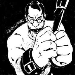 arm_hair ball_gag belt_bondage black_and_white bondage chained chained_wrists chest_hair drooling gag gagged gagged_male handcuffs looking_at_viewer male male_only medic_(team_fortress_2) older_male schweinkrams team_fortress_2 tied_up tied_up_male