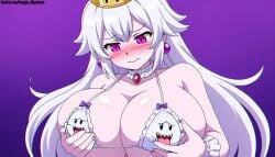 1girls 2boys 2boys1girl absurdly_long_hair adult aegis_elysium ai_art ai_generated background blue_background blush boo_(mario) booette boosette breasts breasts_bigger_than_head brown_hair cleavage dress earrings fan_character female female_focus floating gem giant grabbing grabbing_boobs grabbing_breasts gradient_background hair_ornament headpiece highres holding holding_boobs holding_breast holding_breasts huge_breasts indoors jewelry large_breasts long_hair male mario_(series) navel nintendo purple_eyes sexy short_hair simple_background sitting solo_focus standing straight super_crown super_mario swept_bangs tiara tights tongue tongue_out transformation transformed transformed_clothing very_long_hair water watermark white_dress white_hair
