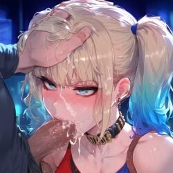 ai_generated blowjob blowjob_face blue_hair cum cum_in_mouth fellatio hand_on_head harley_quinn pink_hair punk red_hair solveigai twintails