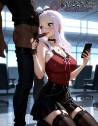 1boy ai_generated balls bare_arms bare_shoulders belt black_belt black_choker black_footwear black_garter_straps black_nails black_pants black_shirt black_skirt black_thighhighs blue_eyes blush bracelet breasts caressing_testicles cellphone censored chains chair choker cleavage clothes_pull collarbone dark-skinned_male dark_skin earrings fairy_tail fellatio female fingernails garter_straps hand_on_another's_head high_heels holding holding_phone indoors interracial jewelry kneeling large_breasts licking licking_penis long_hair male male_pubic_hair meitabuu miniskirt mirajane_strauss mosaic_censoring nail_polish necklace open_mouth oral pants pants_pull penis phone pleated_skirt pubic_hair ribbon shirt shoes skirt sleeveless sleeveless_shirt smartphone smile solo_focus spikes standing straight studded_bracelet teeth testicles thighhighs tongue tongue_out uncensored upper_teeth_only white_hair zettai_ryouiki