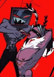 bondage drooling gay gun half-dressed muscular_male nipple_piercing red_background sucking valentino_(hazbin_hotel) vivziepop vox_(hazbin_hotel)