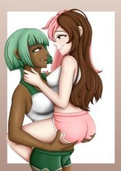 2girls dark-skinned_female emerald_sustrai fideche green_hair gym_uniform interracial_yuri neo_(rwby) red_eyes rwby