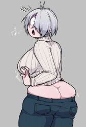 ass ass_focus big_ass big_breasts butt_crack female female_only fully_clothed gegege_no_kitarou genderswap_(mtf) hair_over_one_eye huge_ass jeans kitarou_tanjou_gegege_no_nazo looking_back mainasu medama_oyaji_(human) milf pale-skinned_female pale_skin rule_63 shaded_face short_hair sideboob solo surprised sweater wardrobe_malfunction white_hair wide_hips