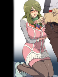 belt blush breast_squeeze breasts chousoku_henkei_gyrozetter female glasses green_hair gureko_rouman hair_over_one_eye handjob highres kneeling large_breasts long_hair open_mouth pantyhose penis saliva shoes shoudou_kotoha skirt standing sweat