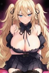ai_generated ani_(twitter) big_breasts blue_eyes breast_grab breast_squeeze breasts breasts_out dress female female_only lifting_skirt long_hair nude nude_female solo solo_female twitter yellow_hair