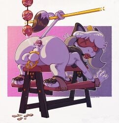 after_anal anal_beads anthro anus ass ball_gag balls big_butt blindfold bodily_fluids bondage bondage bound chastity_cage chastity_device cum drooling gag gagged gaping gaping_anus generation_1_pokemon generation_2_pokemon genital_fluids genitals hi_res hybrid male meowth nintendo onihidden pawpads penis pokemon pokemon_(species) saliva sex_toy smeargle tail tail_tied thick_thighs