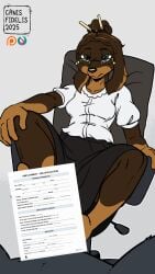 2025 accessory animated anthro biped black_body black_bottomwear black_clothing black_nose black_skirt bottomwear breasts brown_body brown_countershading brown_markings canid canine canis canisfidelis censored chair clothed clothed/nude clothed_female clothed_sex clothing countershade_face countershade_torso countershading creative_censorship dachshund domestic_dog duo english_text eyewear feet female first_person_view floppy_ears foot_fetish foot_play footjob furniture glasses gloves_(marking) hair hair_accessory hair_bun hair_sticks hi_res humor hunting_dog job_application leg_markings looking_at_another looking_at_partner looking_at_viewer male male/female male_pov mammal markings ms._haley_(canisfidelis) multicolored_body nude nude_male office_chair on_chair pun sex shirt short_hair simple_background sitting sitting_on_chair skirt small_breasts socks_(marking) text topwear two_tone_body visual_pun white_clothing white_shirt white_topwear