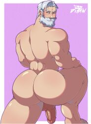 all_draw ass balls bara beard biceps daddy drayden male male_nipples male_only manly mature_male muscular_male nintendo nipples nude penis pokemon pokemon_bw pokemon_bw2 rear_view white_beard white_hair