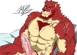 1boy bara barazoku black_eyes canine canine_penis cross-eyed dog furry furry_only horny knot laying_down laying_on_bed matt_(krampy309) muscular muscular_male pink_penis precum precum_drip scarred_face wolf