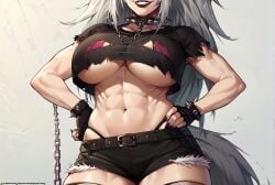 1girls abs ai_generated armwear big_breasts breasts chains collar crop_top dog_collar female huge_breasts indie_virtual_youtuber large_breasts leash long_hair muscular muscular_female nail_polish navel red_eyes short_shorts shorts silver_hair smile solo solo_female solo_focus tank_top thighhighs virtual_youtuber wide_hips wolf_ears wolf_girl wolftreya zentreya