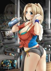 ass blush bra breasts cityscape clothed d4dj gym gym_clothes looking_back night sasago_jennifer_yuka sweat tomoya_kankurou treadmill water_bottle window