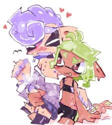 1boy 1girls ahoge bike_shorts blush choker couple cum cumming cute dominant_female emems666 femboy femboy_on_female femboysub flat_chest green_hair heart inkling inkling_girl interspecies masturbation mole nintendo octoling octoling_boy purple_hair school_uniform skirt spats splatoon splatoon_3 sports_bra submissive_male sweating thighhighs wholesome