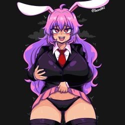 1girls artist_name big_breasts black_background black_panties breasts bunny_ears bunny_girl clothed_female horny_female huge_breasts lifted_skirt light-skinned_female long_hair mole panties purple_hair red_eyes reference reisen_udongein_inaba seireiart skirt solo solo_female steam sweat thick_thighs thighs touhou udonge_in_interspecies_cave watermark