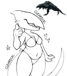 1girl anthro barotrauma belly_button bikini cameltoe curvy eyeless female large_thighs line_art medium_breasts mudraptor sharp_teeth smile talons thumbs_up