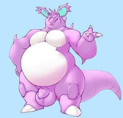 1_toe 3_fingers anthro balls belly big_belly chibsarts double_chin fingers foreskin generation_1_pokemon genitals hi_res male nidochi nidoking nintendo nude obese overweight penis pokemon pokemon_(species) purple_body short_legs snaggle_tooth solo standing white_body