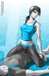 1boy ass blue_background breasts completely_nude cowgirl_position english_text erect_penis female game_console grey_eyes heart highres nintendo nude penis ponytail sex simple_background sound_effects straddling unhealthyveggies wii wii_fit wii_fit_trainer wii_fit_trainer_(female) wii_fit_trainer_(male)