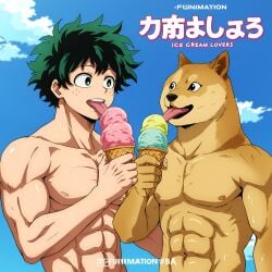 2boys ai_generated anime doge ice_cream izuku_midoriya licking lovers male male_only muscular riku_tanigawa