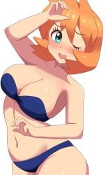 ;d absurdres aged_up armpits bikini blue_bikini blue_eyes blush breasts cleavage creatures_(company) eyelashes female female_focus game_freak green_eyes gym_leader hair_between_eyes highres huge_breasts kasumi_(pokemon) large_breasts looking_at_viewer misty_(pokemon_hgss) navel neng_(user_fyxc8875) nintendo one_eye_closed open_mouth orange_hair pokemon pokemon_gsc pokemon_hgss pokemon_rgby short_hair smile solo standing strapless strapless_bikini swimsuit thick_thighs thighs wide_hips wink