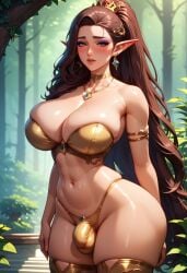 ai_generated big_ass big_breasts bikini brown_hair bulge bulge_through_clothing earrings elf elf_ears flaccid futanari golden_bikini makeup necklace ponytail slim_waist stockings thick_thighs underwear