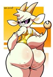 ai_generated ambiguous_gender anthro ass ass_focus bathing_suit big_ass cellulite chikn_nuggit dragon fur furry fwench_fwy_(chikn_nuggit) glasses grin hand_on_hip huge_ass looking_at_viewer novelai one-piece_swimsuit shortstack smirk sunglasses swimsuit that_guy9001 white_fur