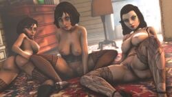 3d 3girls areolae big_breasts bioshock bioshock_infinite blue_eyes breasts busty dinoboy555 elizabeth_comstock female female_focus female_only hourglass_figure large_breasts makeup nipples nude nude_female nudity tagme wide_hips