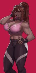 1girls big_breasts brown_hair commission dark-skinned_female dark_skin ezzydraws ezzyecchi female female_only fingerless_gloves leggings long_hair looking_at_viewer ponytail red_background red_eyes smiling smiling_at_viewer solo sportswear thick_thighs tsona_(nyantcha)