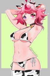 anime_style bell_collar big_ass big_breasts bikini bikini_top blush breasts cow_ears cow_girl cow_tail cowgirl_position milking_machine red_clothing red_eyes red_hair shion_artai thighs white_eyes white_hair